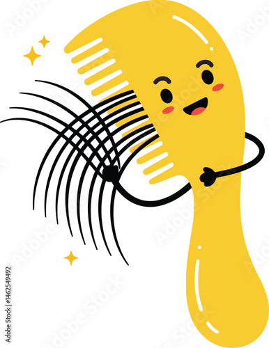 Yellow hairbrush cartoon character removing hair strands illustration with happy face and sparkling effects vector 