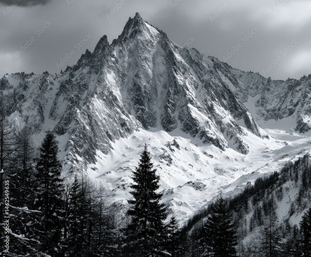 Obraz premium Majestic snow-covered mountain peaks in cloudy weather