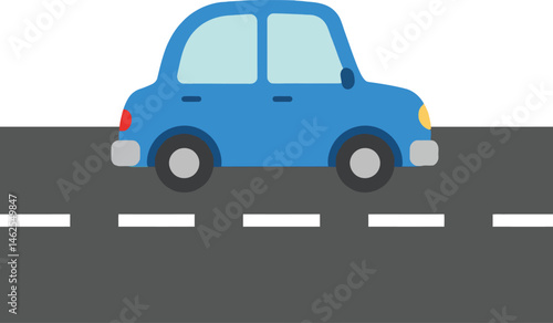 Blue compact car driving on gray asphalt road with white dashed lines vector illustration 
