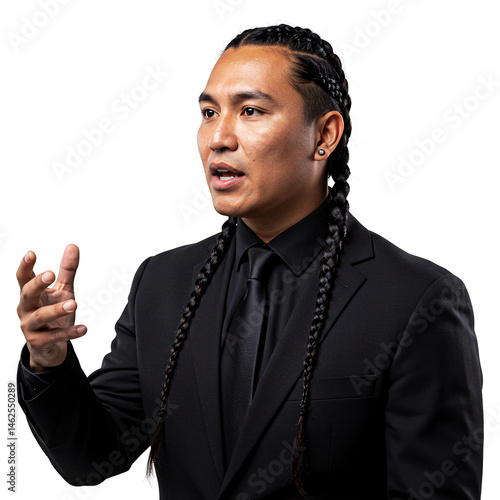 Professional man with braids in black suit presenting speech or giving presentation on white background on transparent background