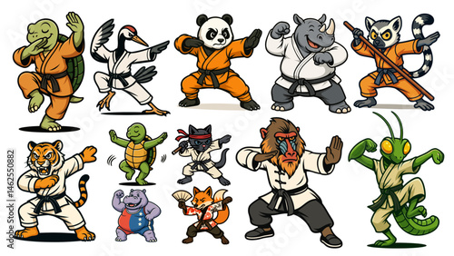 Cartoon Martial Arts Animals in Karate and Kung Fu Poses