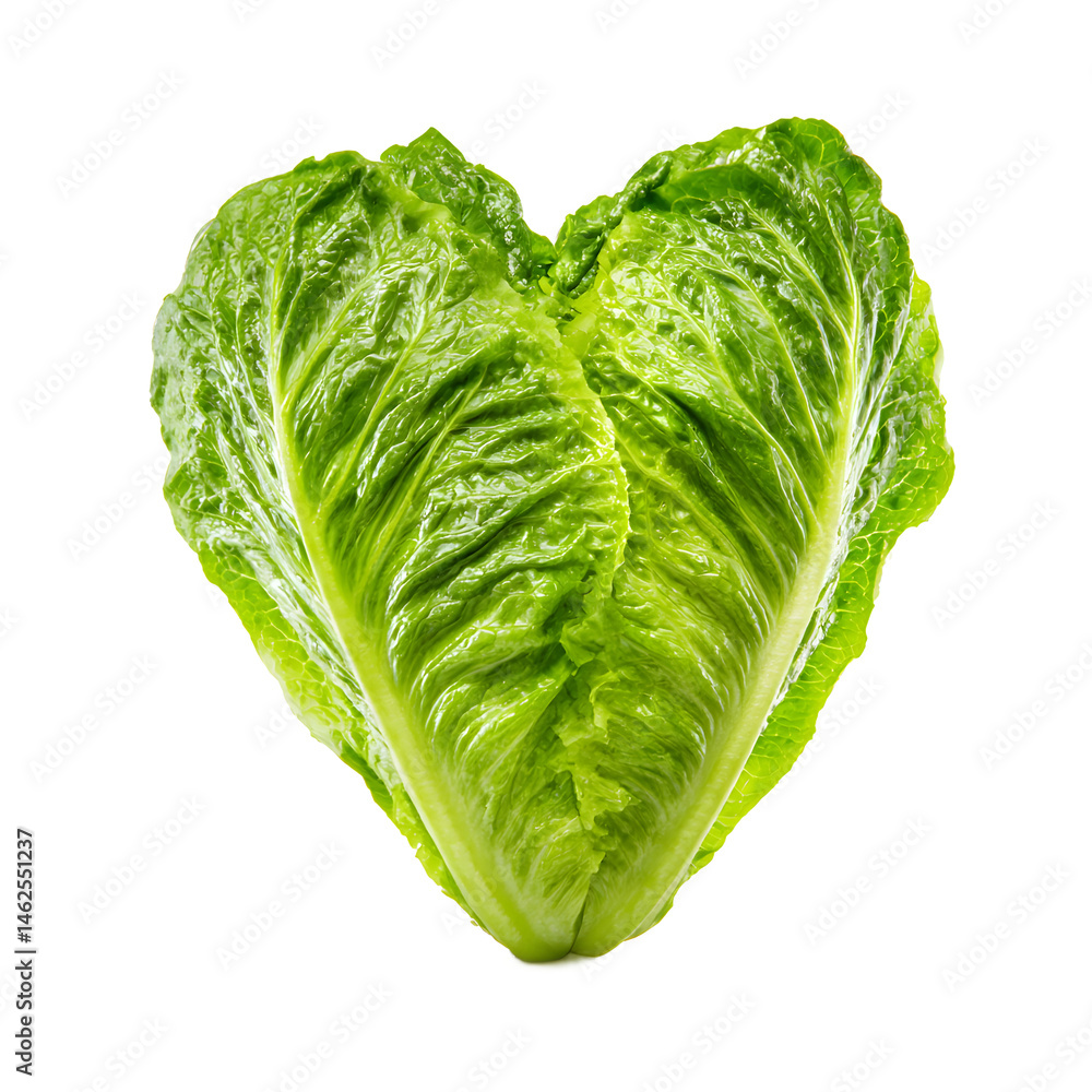 Fototapeta premium The fresh romaine lettuce head, with vibrant green leaves forming a heart shape, is isolated on a pristine white background, showcasing natural textures and details.