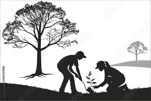 31 Silhouette art, black and white, two people planting a tree, environmental conservation, minimalist landscape, lone tree on horizon, nurturing nature, symbolic growth, contrast between small saplin