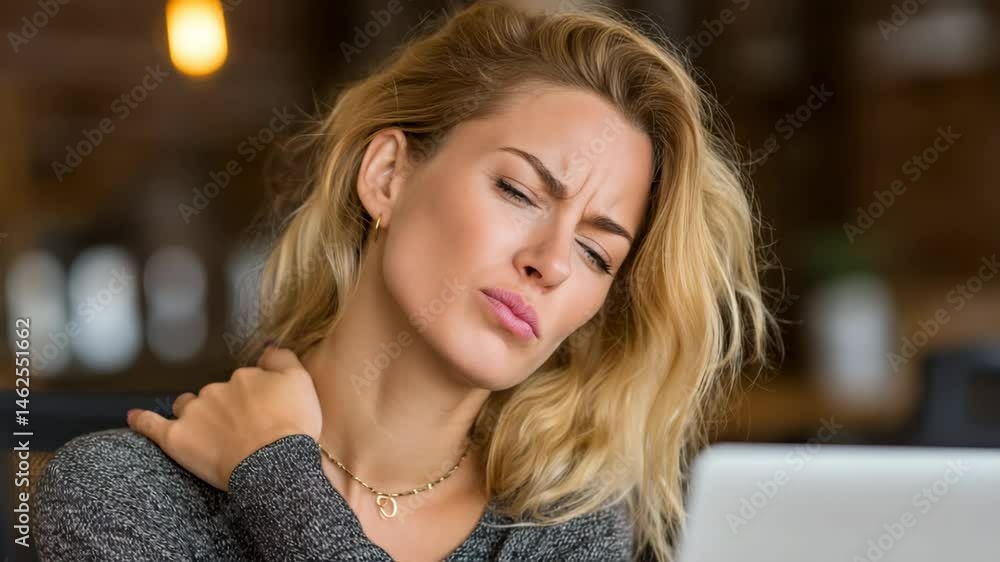 Woman with Discomfort at Laptop in Modern Workspace Environment Woman with Discomfort at Laptop in Modern Workspace Environment