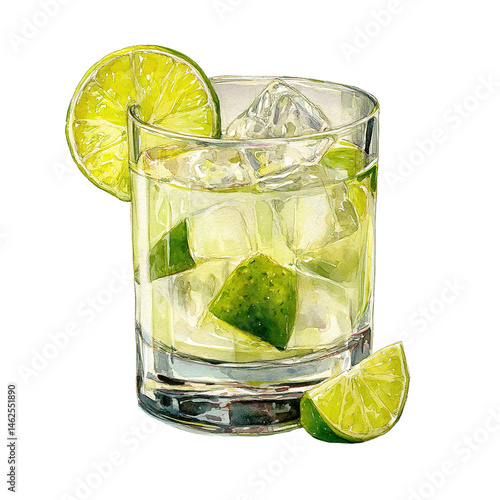 Tommys Margarita cocktail with lime wheel and ice cubes in a clear lowball glass. Watercolor illustration isolated on white background. Tequila-based summer drink. Mexican cocktail concept