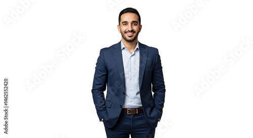 Professional headshot of smiling businessman in suit jacket on white background for corporate website on transparent background