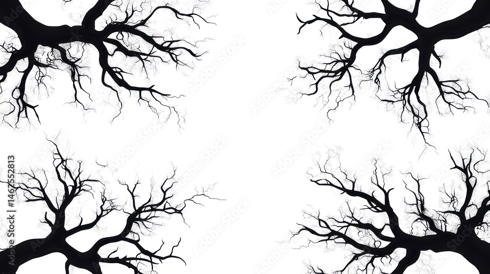Fototapeta premium Silhouetted tree branches on white background minimalist nature illustration with copy space