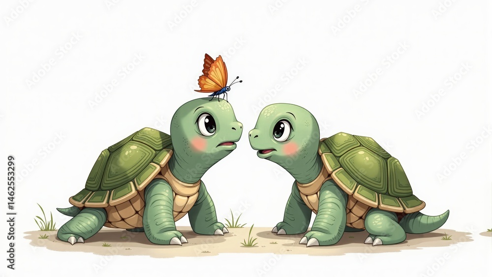 Obraz premium Two Cartoon Turtles With A Butterfly