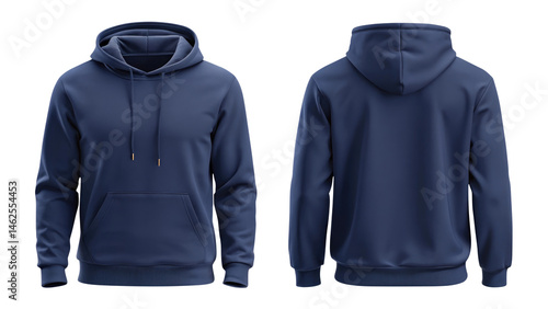 navy blue blank hoodie template from two sides isolated on transparent white background, clipping path