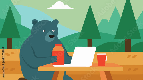 Nature and Technology A curious bear with a textured fur coat is hunched over a laptop on a weathered picnic table in a tranquil woodland setting. The laptops screen reflects the