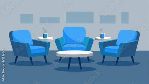 Comfortable armchairs in shades of grey and blue are arranged in small groupings with small side tables within reach.