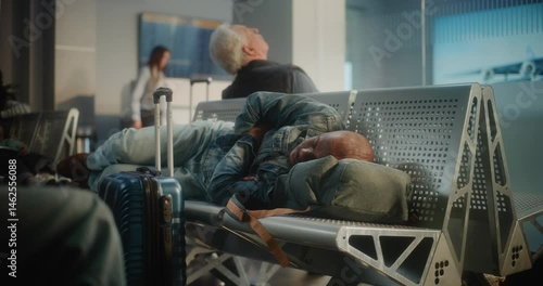 Crowded International Airport Terminal: Tired African American Tourist with Suitcase and Backpack Sleeping on the Seats in Boarding Lounge of Airline Hub. Diverse Passengers Waiting for Delayed Flight