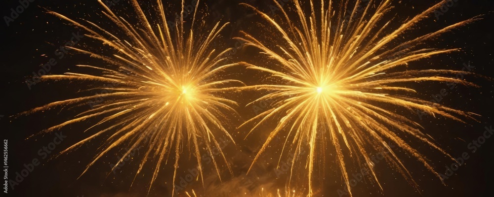 Naklejka premium Intense yellow fireworks bloom, wide angle captures blazing embers, night, radiant, light