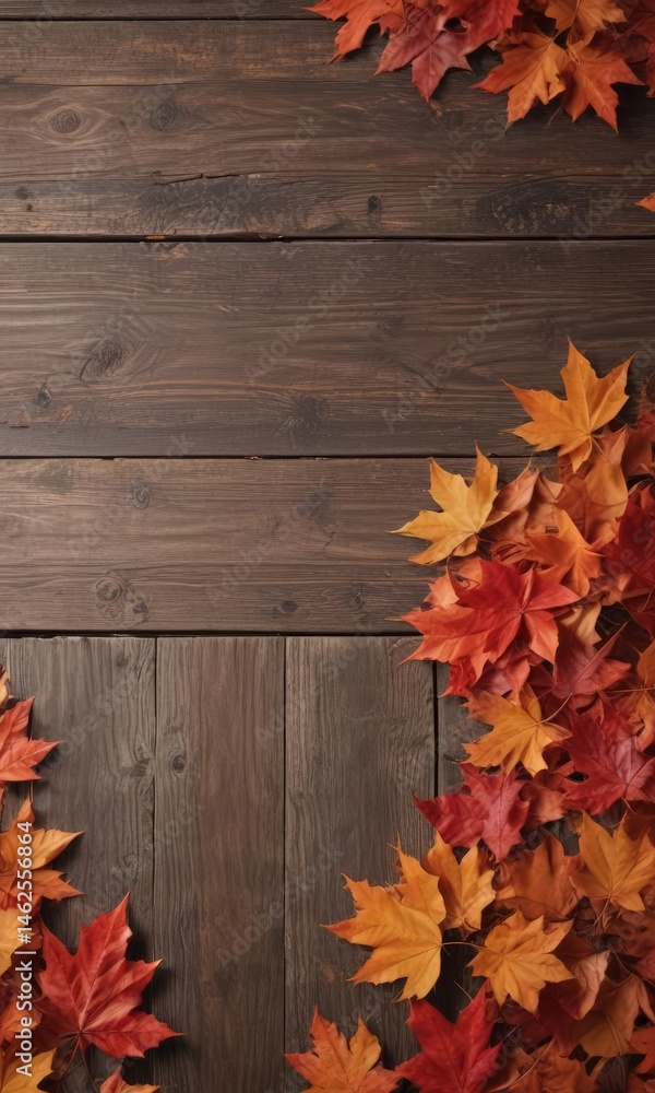 Obraz premium Pile of vibrant red and orange maple leaves on aged wood planks , seasonal, wood grain