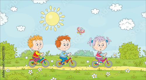 Happy little children friendly smiling, talking and riding their small toy bicycles along a country road on a warm sunny day in countryside on fun summer vacations, vector cartoon illustration