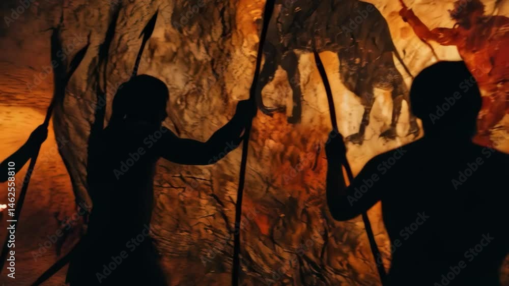 a group of primitive people with spears looks at a cave painting depicting a mammoth hunt, the scene is illuminated by the warm light of a torch, the concept of prehistoric culture, archeology, art