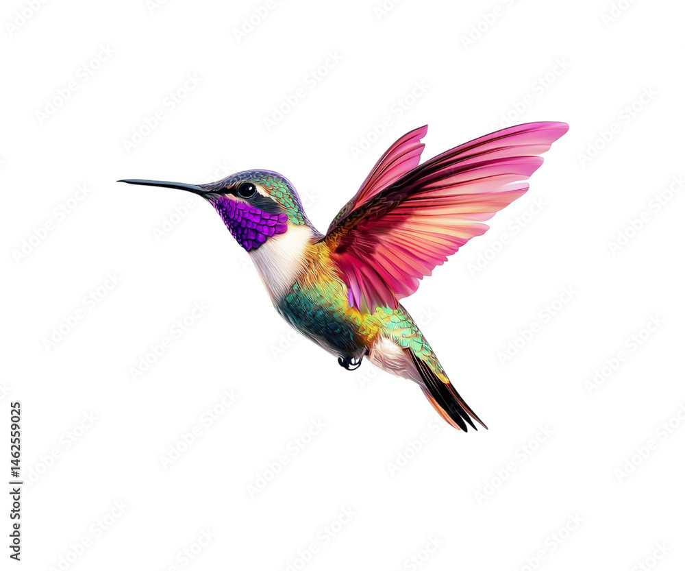 Fototapeta premium A colorful hummingbird flying in the air, against on Png Format and Transparent Background