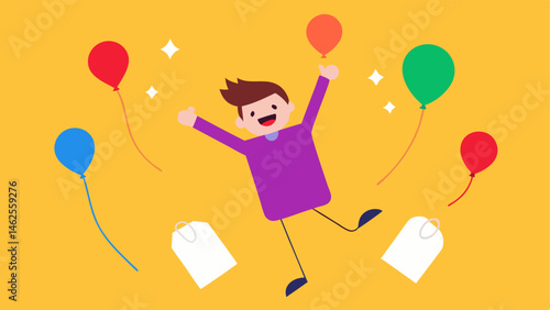 Jumping For Joy A joyful price tag caught midjump arms raised high surrounded by floating sale balloons and an exploding burst of bright colors to signify excitement.