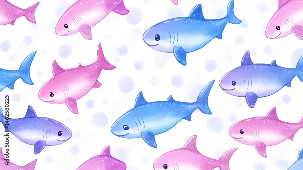 Cartoon shark seamless pattern in pink blue and purple on white background for children designs Cartoon shark seamless pattern in pink blue and purple on white background for children designs