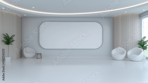 Modern minimalist waiting area with large blank display