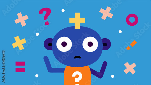 Expression of Confusion A cartoon character with wide eyes and raised eyebrows scratching their head in bewilderment. Surrounding them are vibrant floating math symbols such as