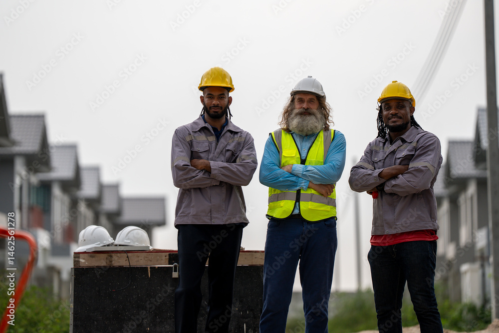 Fototapeta premium Structural engineer and worker working with blueprints discuss at the construction site. Engineers on building site. Two worker or labor and one engineer are reviewing the project. Architecture.