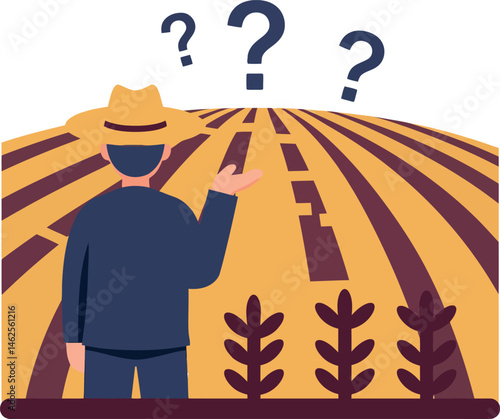 Farmer standing in field with question marks above agricultural crops vector illustration 