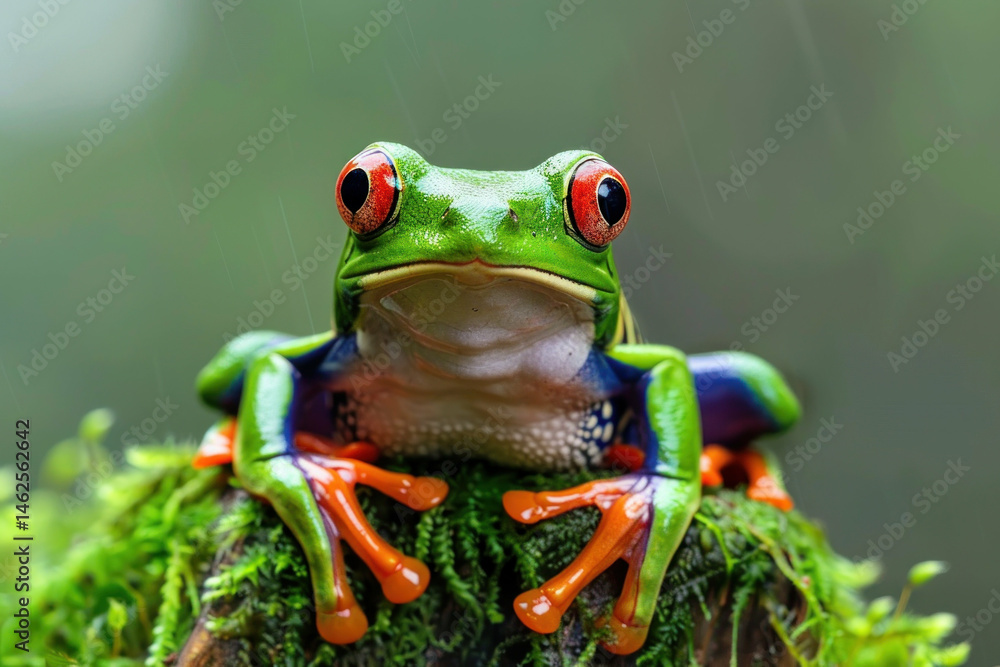 Obraz premium Close up colorful tree frog on mossy rock