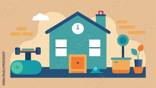 Home Setup A cozy home environment showcasing yoga mats and exercise equipment accompanied by an AI system that guides the patient through their routine.