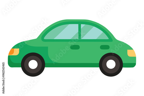 Cartoon Green City Car Vector – Side Profile Illustration with Soft Shadows on White Background