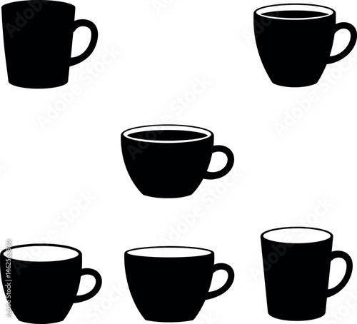 Coffee cup silhouette set with six different black mug shapes vector illustration 