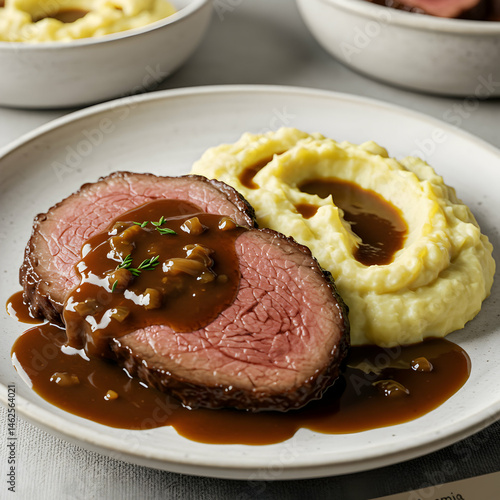 Close up of sliced roast beef with gravy and mashed potatoes on a white plate in soft lighting