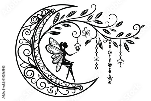 35 Intricate floral moon design, black and white illustration, delicate linework, heart-shaped fairy silhouette, dangling ornaments, decorative swirls, pearls and beads, fantasy elements, whimsical ar