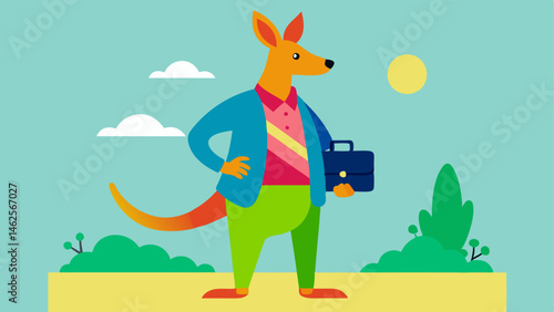 Kangaroo with a Laptop Bag This illustration features a lively kangaroo with a friendly smile wearing a casual business outfit a blazer over a colorful shirt. It carries a