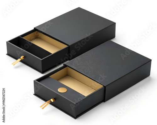 Two elegant black and gold drawer boxes with ribbon pulls on a white background