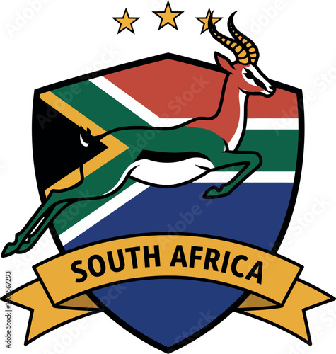 Springbok emblem with South African flag shield and golden stars vector illustration 