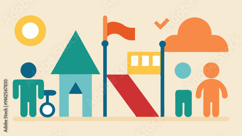 Inclusive Playground Signage An illustration of friendly and informative signage on a playground depicting symbols that represent various activities accessible for all children.