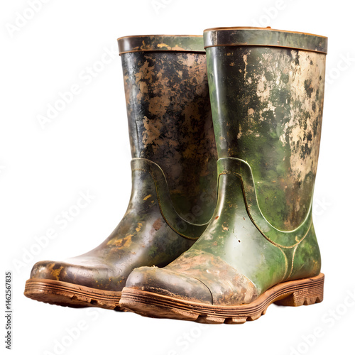 Muddy Green Rubber Boots Worn Dirty Wellington Boots isolated on transparent background