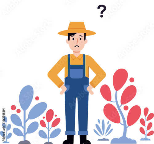 Confused farmer standing among red and blue plants vector illustration with question mark 
