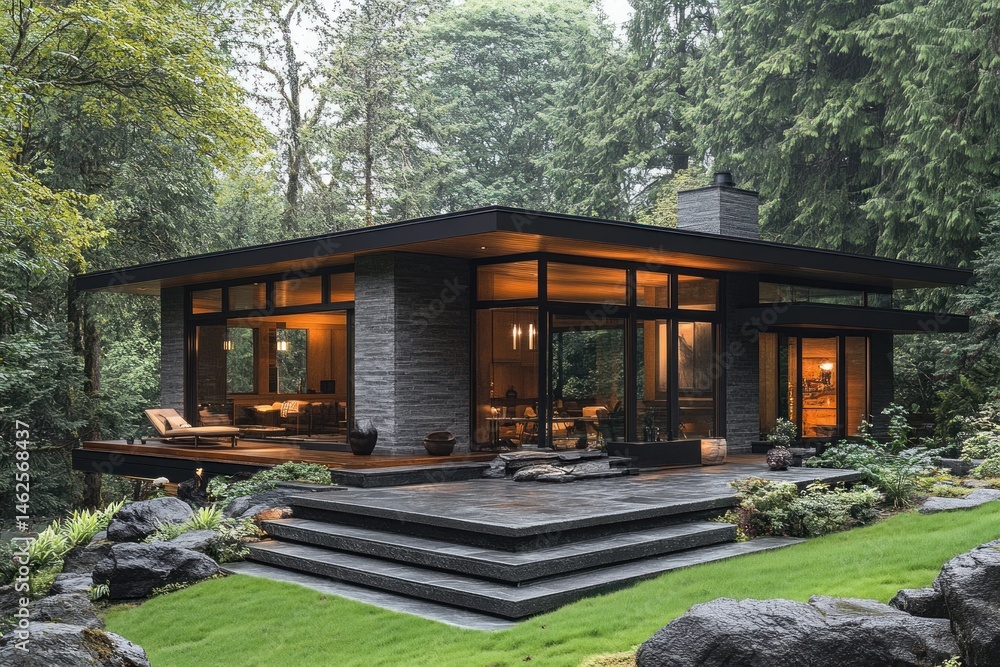 Modern house, forest setting, evening light, deck, landscaping, architectural design, home Modern house, forest setting, evening light, deck, landscaping, architectural design, home