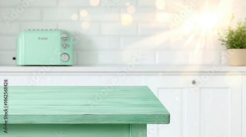 Mint green kitchen table. Sunlight streams in