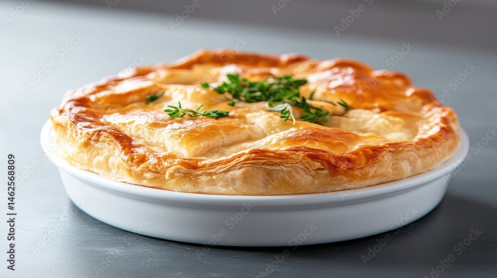 Savory, golden-brown pastry dish with a rich filling. Fresh herbs garnish the top of the flaky crust Savory, golden-brown pastry dish with a rich filling. Fresh herbs garnish the top of the flaky crust