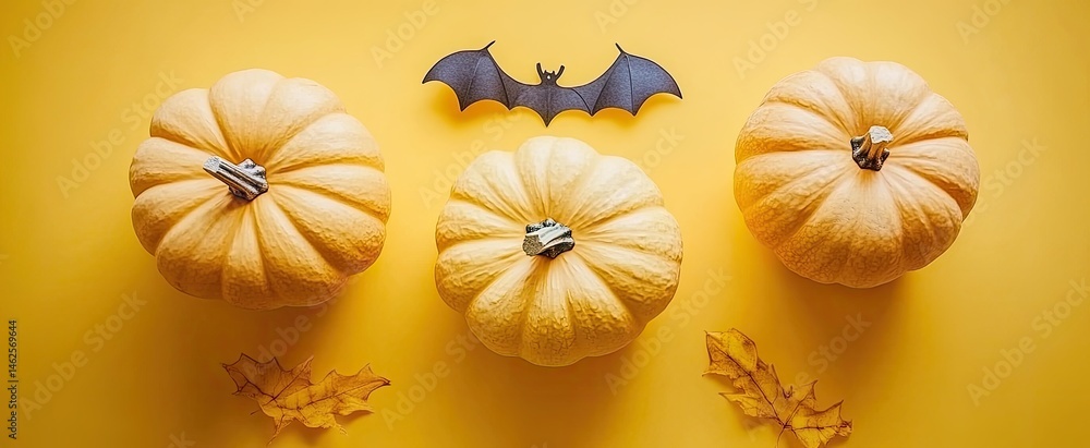 Three pumpkins, a bat, and autumn leaves on a bright yellow background Three pumpkins, a bat, and autumn leaves on a bright yellow background
