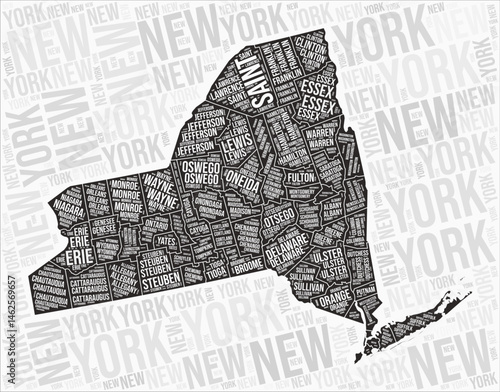 New York counties map word cloud. New York region names. Black and white map design. Classy vector illustration.