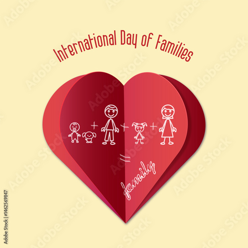 International Day of Families, big heart, postcard, banner on light yellow color