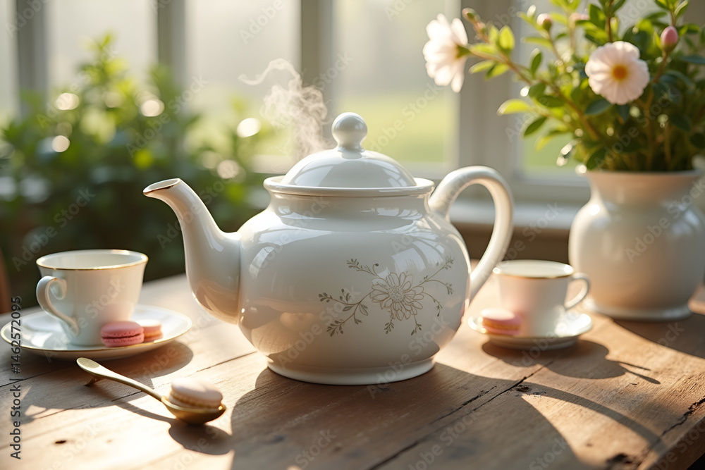 White Ceramic Teapot on Rustic Wooden Table with Floral Embossing and Vintage Tea Setting White Ceramic Teapot on Rustic Wooden Table with Floral Embossing and Vintage Tea Setting