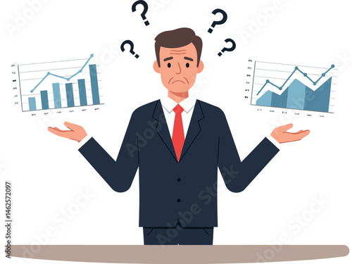 Businessman comparing financial charts with confused expression and question marks vector illustration 