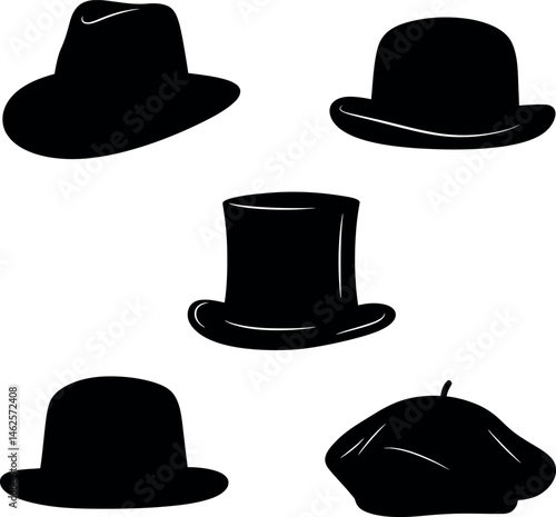 Collection of classic black hats including fedora bowler top hat and beret vector illustration 