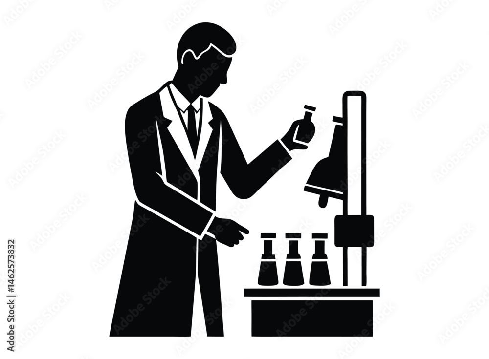 Fototapeta premium silhouette of a medical doctror standing working in lab, Medical doctor making medicine in the lab.....
