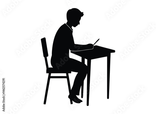 a student sitting on table taking an exam silhouette  vector illustration on white background.....
